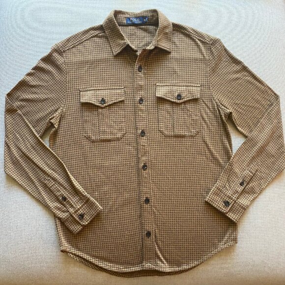 Ralph Lauren Vintage Men's Brown Two Pocket Houndstooth Long Sleeve Shirt Medium - Picture 1 of 15